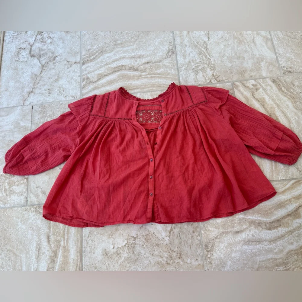 Free People Pink Puff Sleeve Ruffled‎ Blouse - Picture 4 of 12